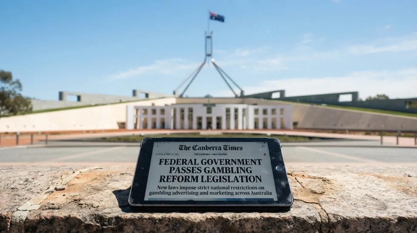 Australian Parliament House with a document titled Interactive Gambling Amendment Bill overlaid