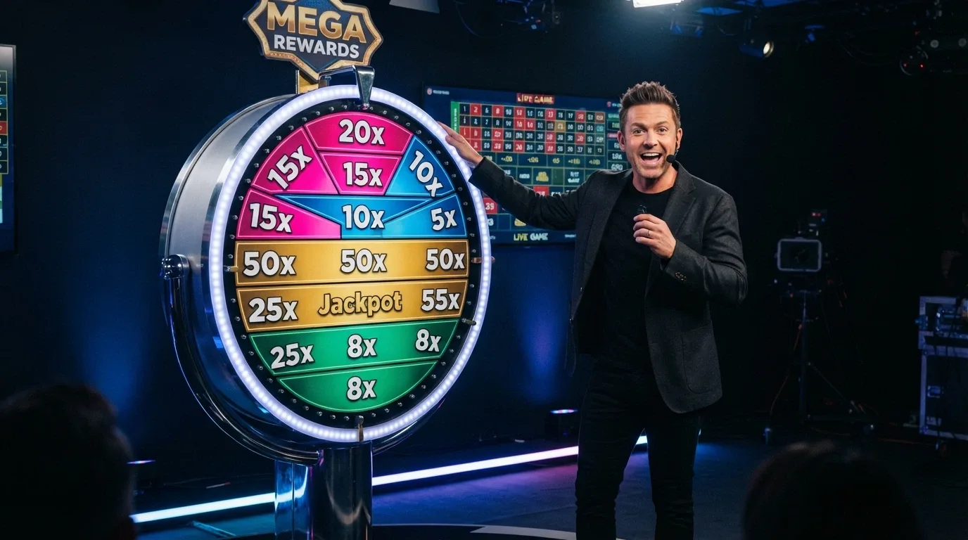 Colourful live casino game-show wheel with a host addressing the camera and betting positions on screen