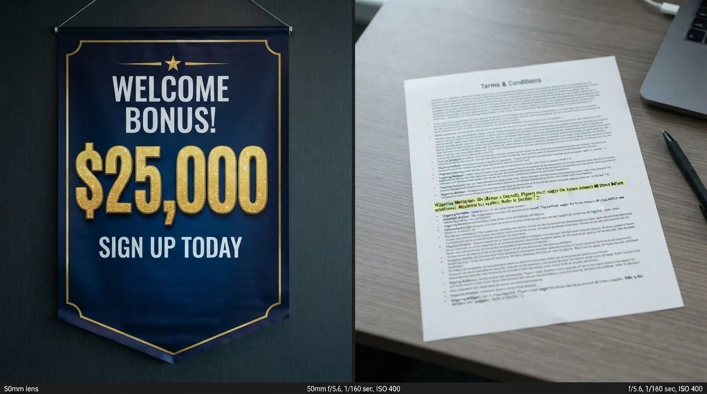A split view showing a casino bonus advertisement with a large dollar figure on one side and the fine-print terms sheet with wagering and max bet conditions on the other