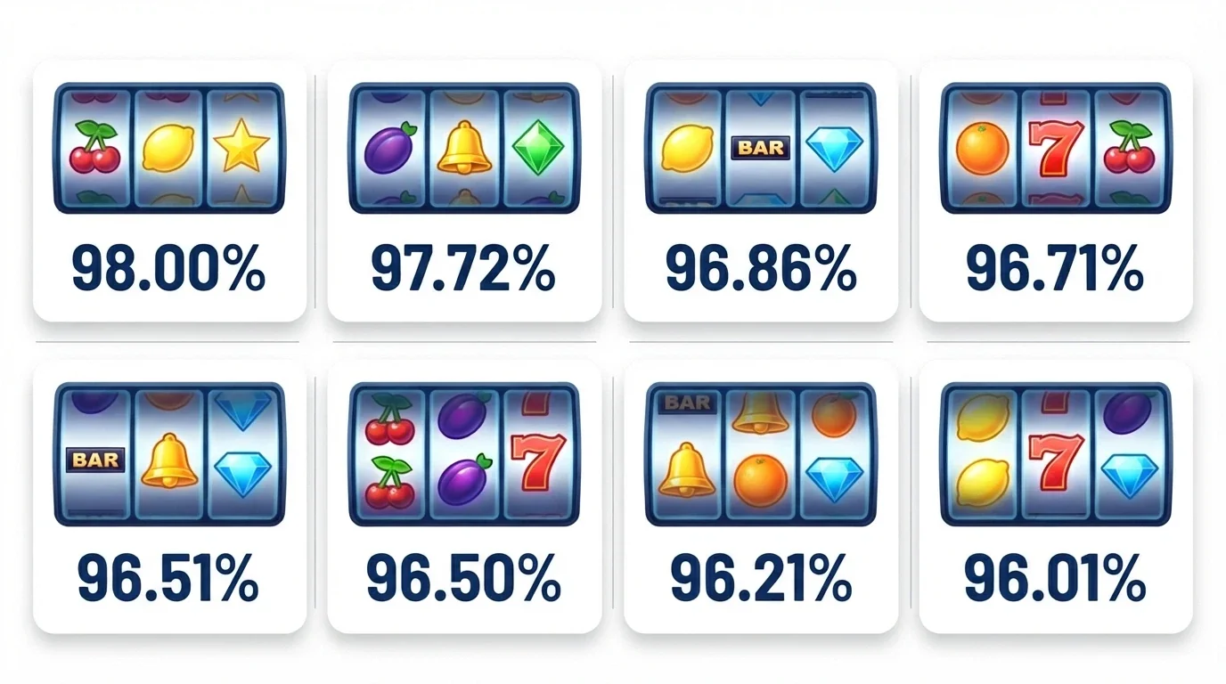 A grid of popular online pokie title cards including Gates of Olympus, Blood Suckers and Big Bass Bonanza with their RTP percentages displayed