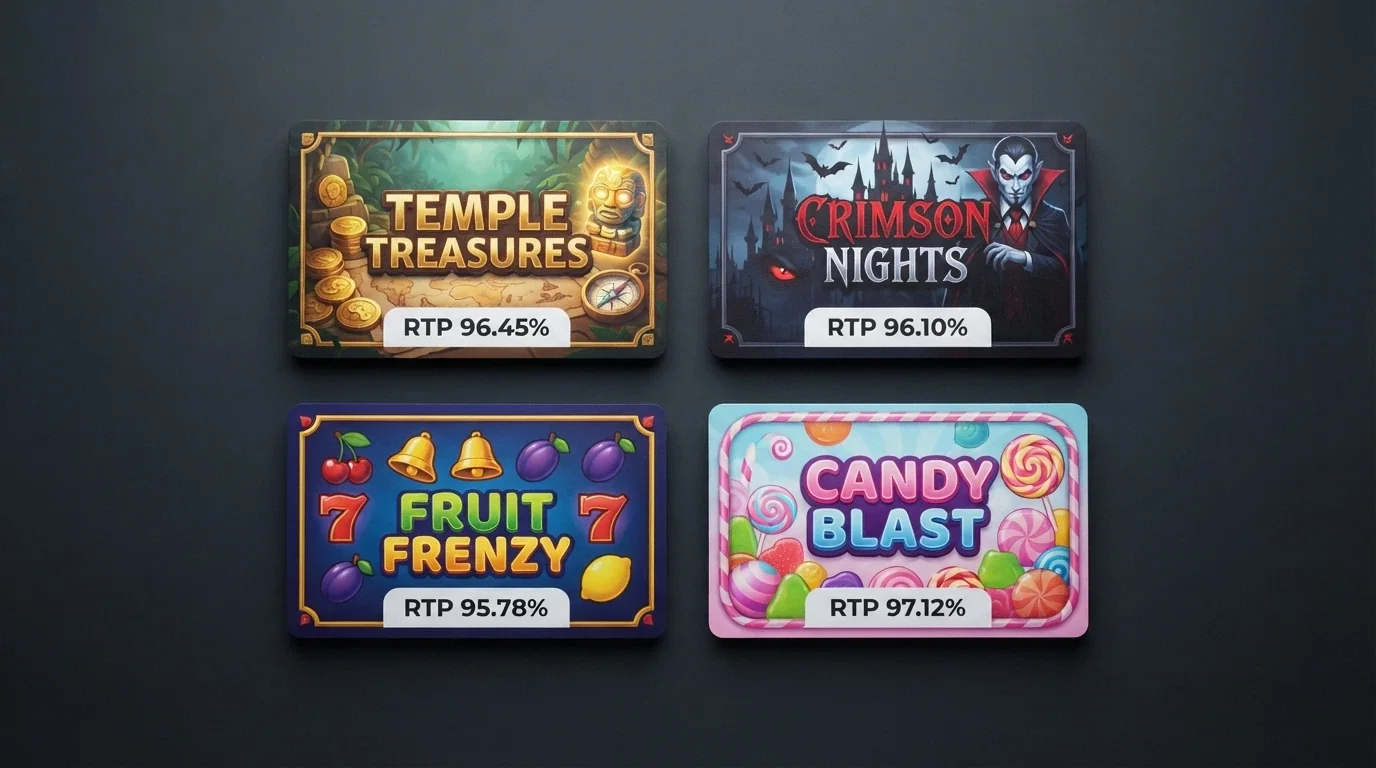 A grid of four pokie title cards — Sweet Bonanza, Blood Suckers, Mega Joker and Book of Dead — each showing its RTP percentage beneath the title