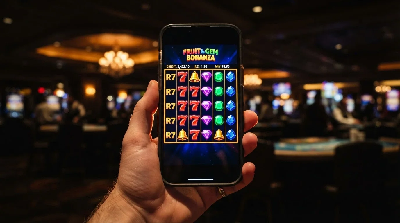 A colourful 6×5 slot grid with fruit and gem symbols, suggesting the pay-anywhere mechanic of Sweet Bonanza or Gates of Olympus