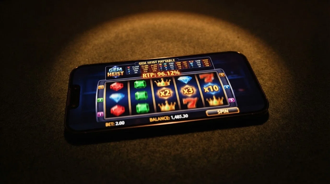 A mobile screenshot of a high-RTP pokie with the reels spinning, the paytable and RTP figure visible on screen