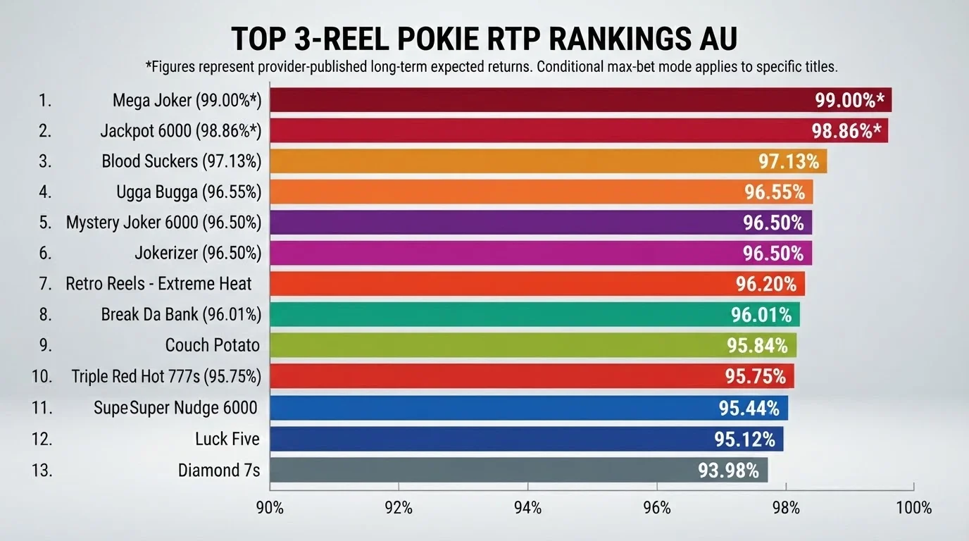 A horizontal bar chart ranking 3-reel pokie titles by RTP, with Mega Joker at the top at 99%