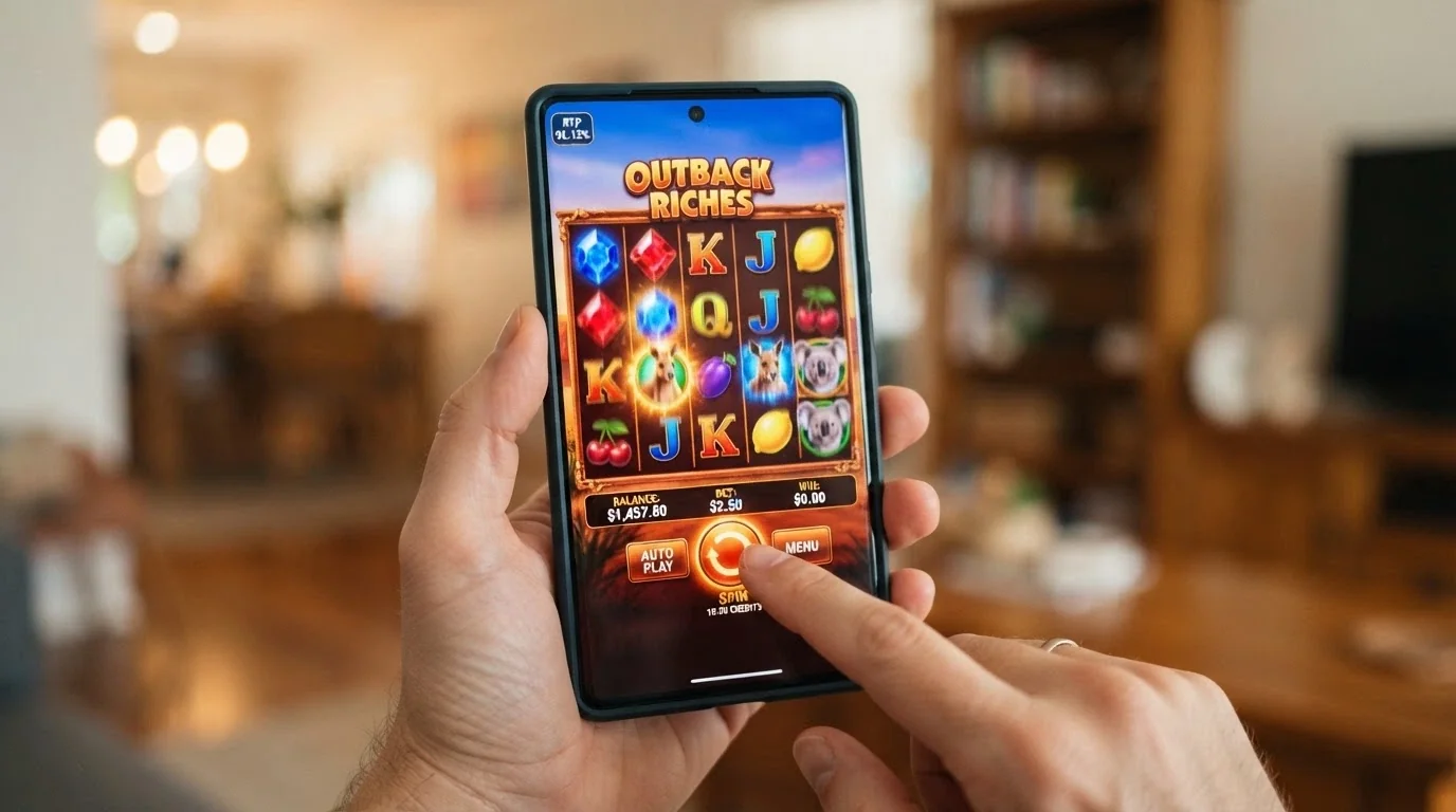 A smartphone screen showing a pokies game in play — five reels visible with colourful symbols, the RTP figure overlaid as a semi-transparent badge in the corner, a finger hovering near the spin button