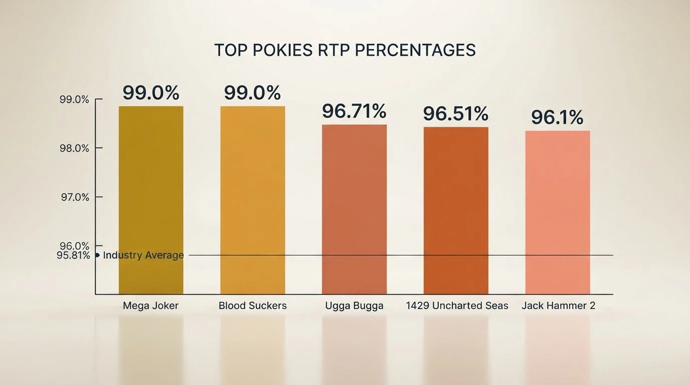 A visual comparison of five pokies titles with their RTP percentages displayed as bars, ordered from 99% down to 96.1%