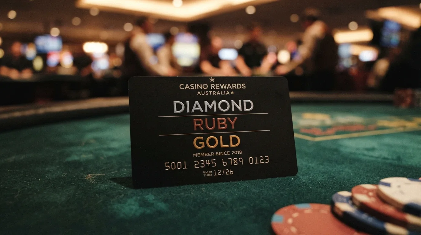 An Infinity Rewards membership card on a dark casino-table surface, with the three-tier branding visible
