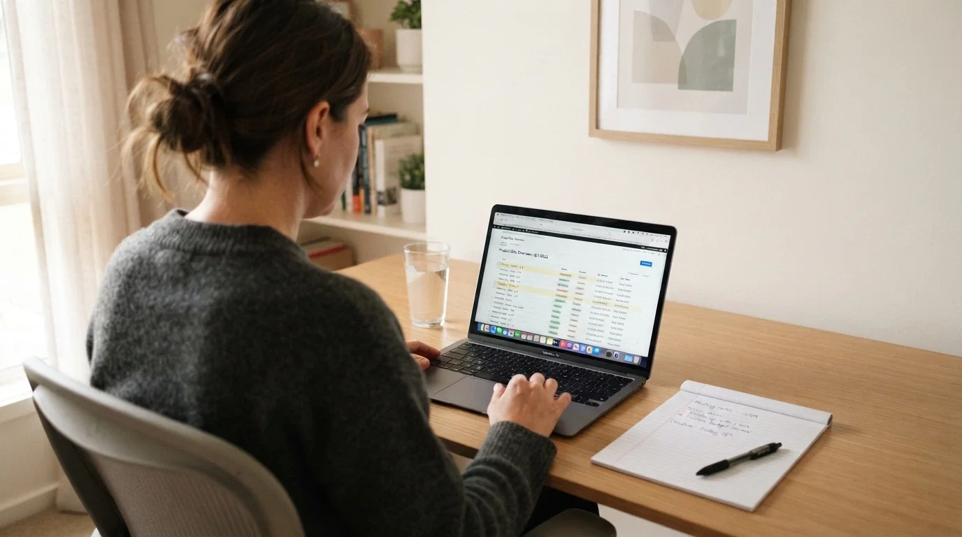 An Australian adult sitting at a laptop with a notepad and pen beside the keyboard, studying a casino information page