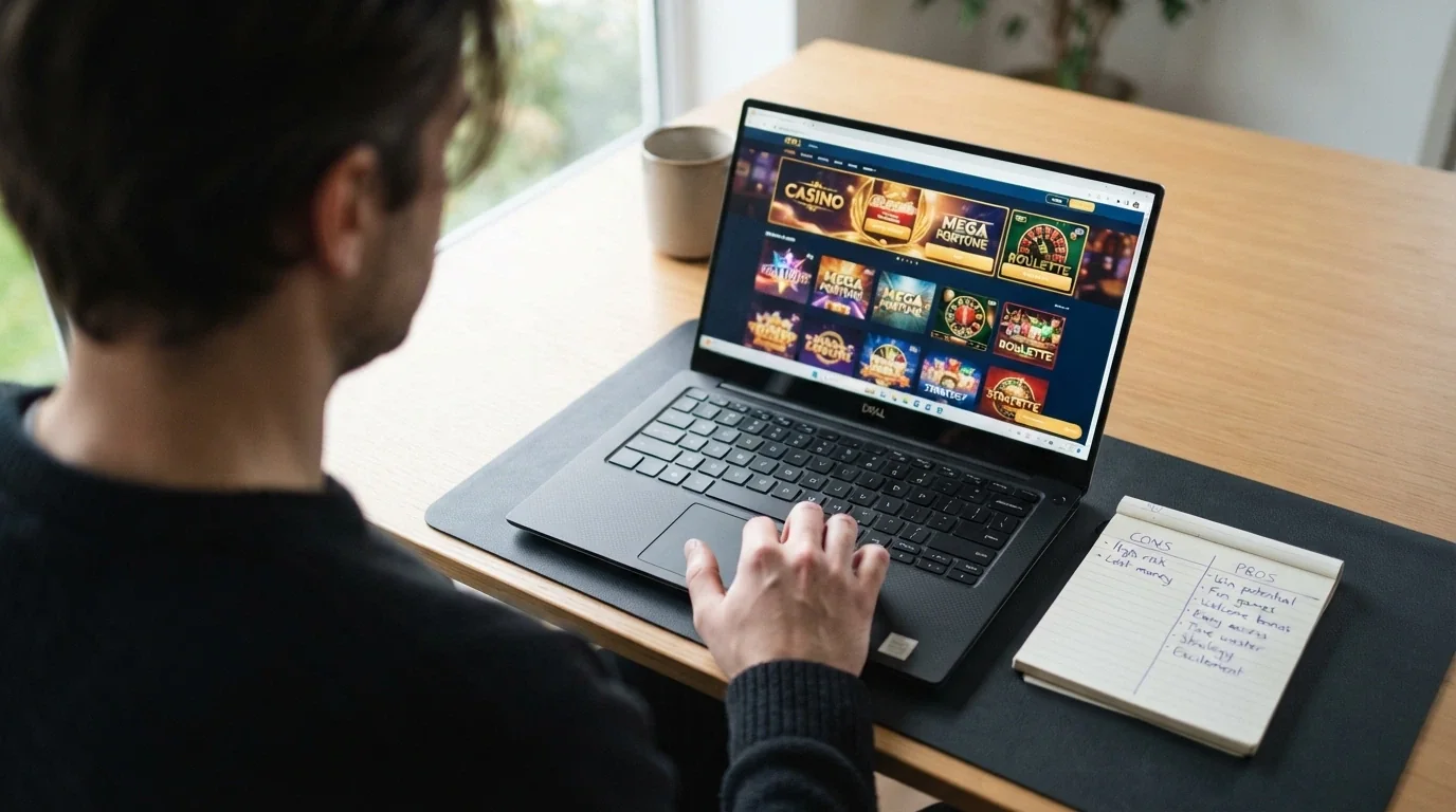 A person sitting at a desk with a laptop open to a casino site, one hand on the trackpad and the other holding a notepad with a handwritten pro-con list