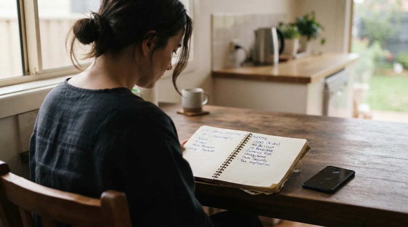 A person at a kitchen table with a notebook listing pros and cons — speed and privacy on one side, no BetStop and no recourse on the other — the decision visibly theirs