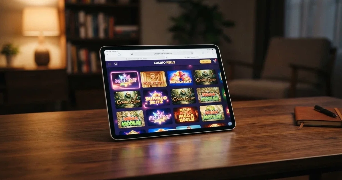 An iPad in landscape orientation displaying a mobile-optimised online casino lobby with pokie thumbnails in a Safari browser window