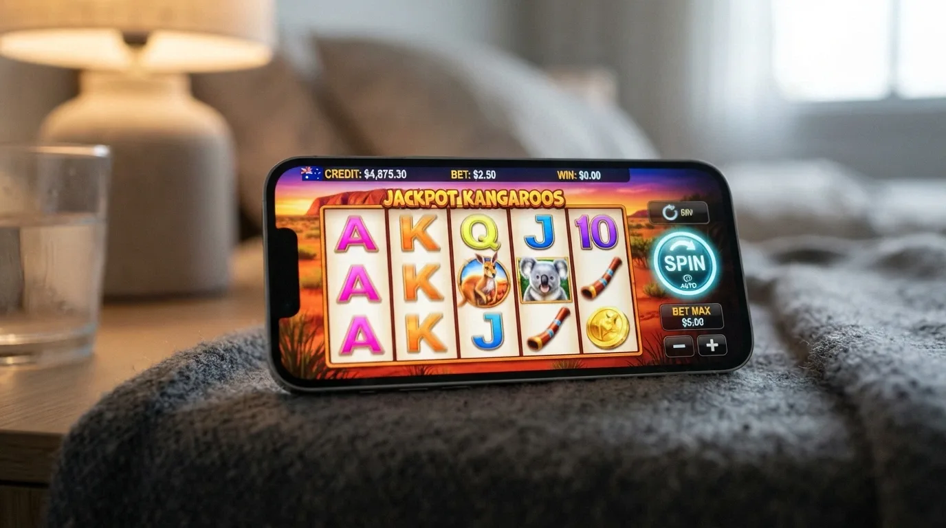 iPhone in landscape orientation displaying a pokies game with spinning reels, touch controls and a credit balance visible