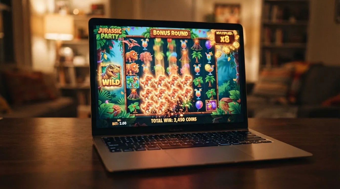 Jurassic Party pokie game screen showing the 7-by-7 dinosaur-themed grid with cascading symbols mid-bonus round