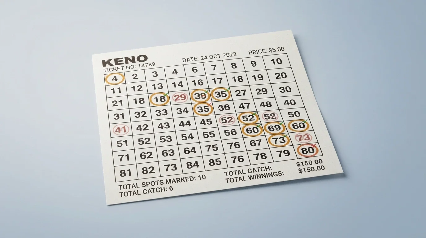 An 80-number keno card with ten numbers marked as spots, annotated with the draw result showing matched and unmatched picks