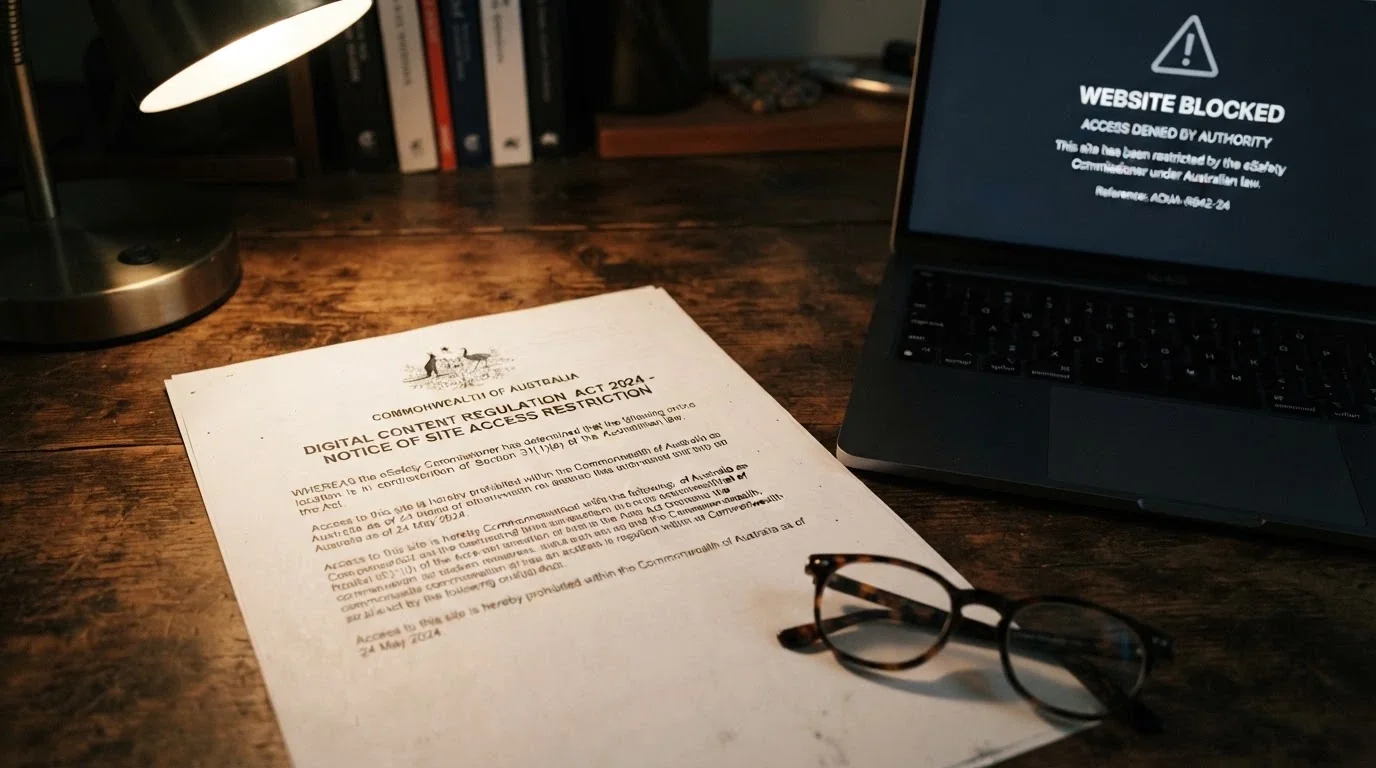 A close-up of official-looking documents — an ACMA warning notice and the Interactive Gambling Act title page, with a laptop showing a blocked-site notice in the background