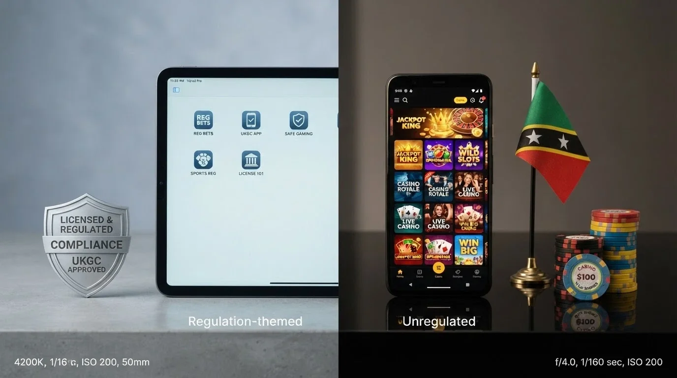 A side-by-side visual: a muted, regulation-themed panel listing licensed bookmaker names and the ACMA logo versus a bright, unregulated panel with generic casino branding and a Curaçao flag