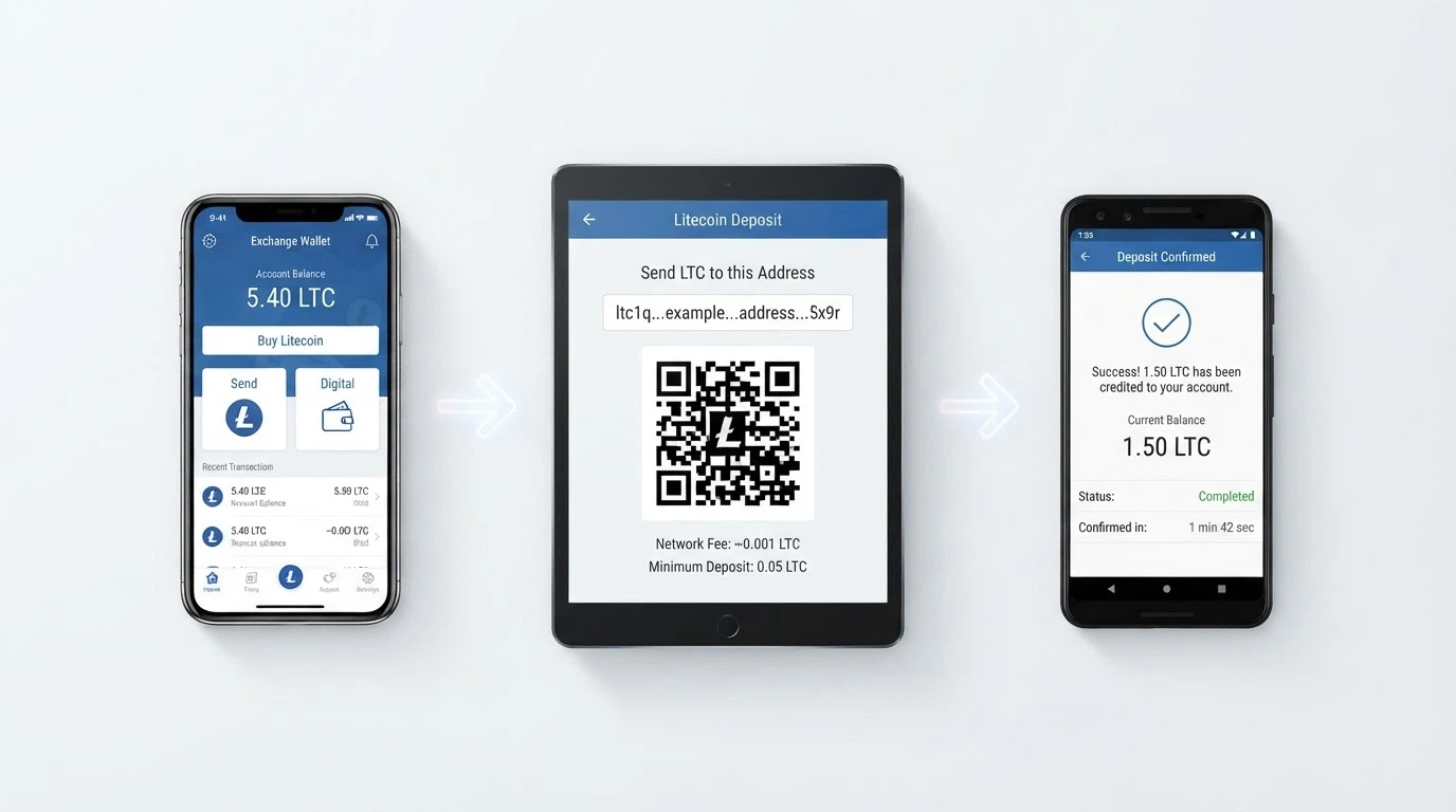 A three-panel flow diagram: an Australian crypto exchange app (buy LTC), an arrow to a casino deposit address (send), and a casino balance screen showing the credited amount with a timestamp under two minutes