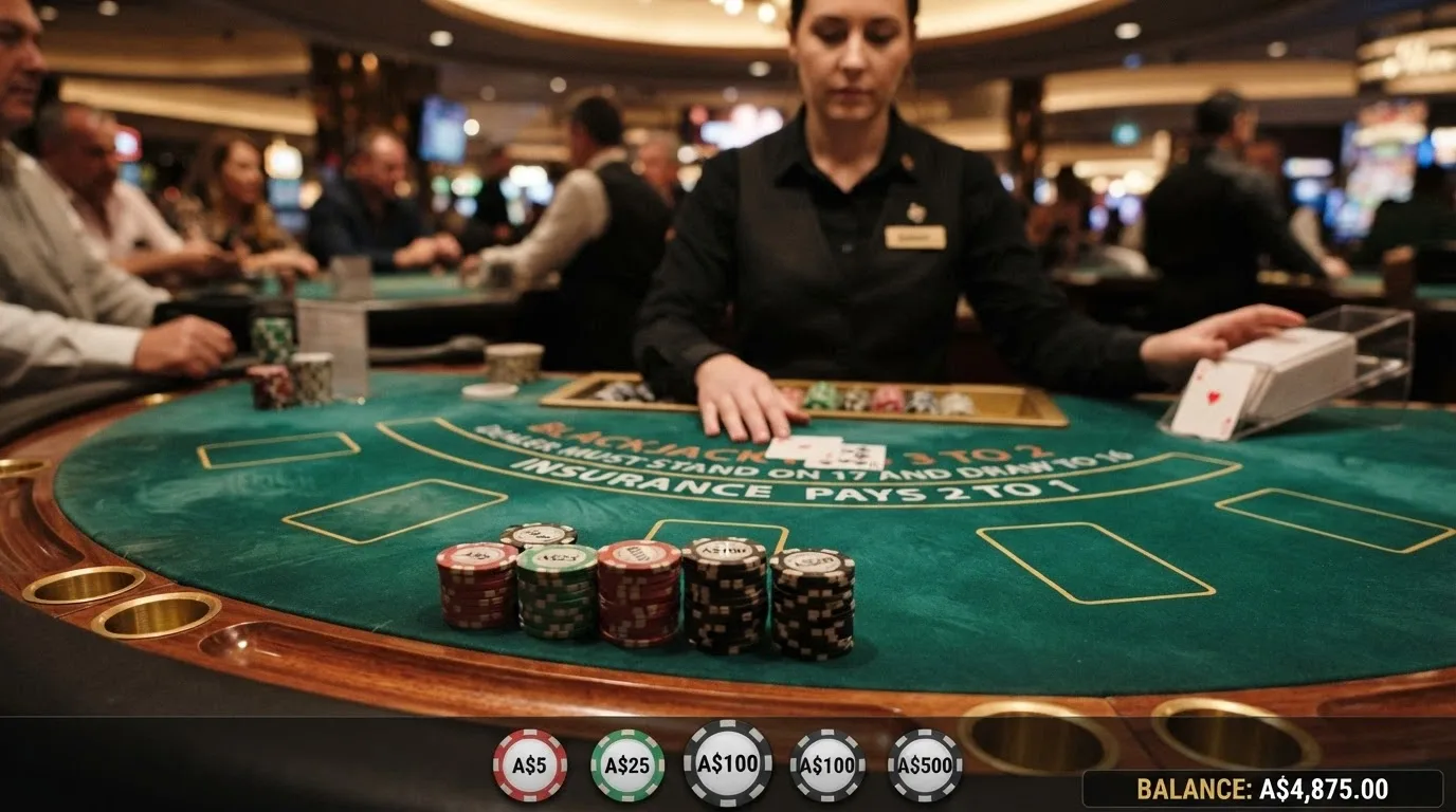 Live blackjack table with a dealer, cards on the felt and a digital betting interface overlaid