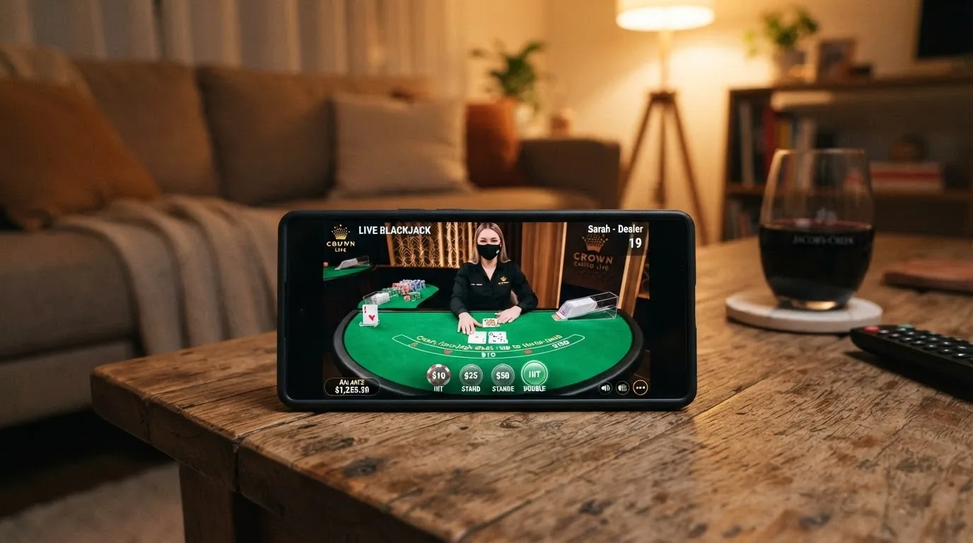 A landscape-mode phone screen showing a live blackjack table with a real dealer, cards on the felt, and the player's hand and chip-stack overlay visible at the bottom of the screen