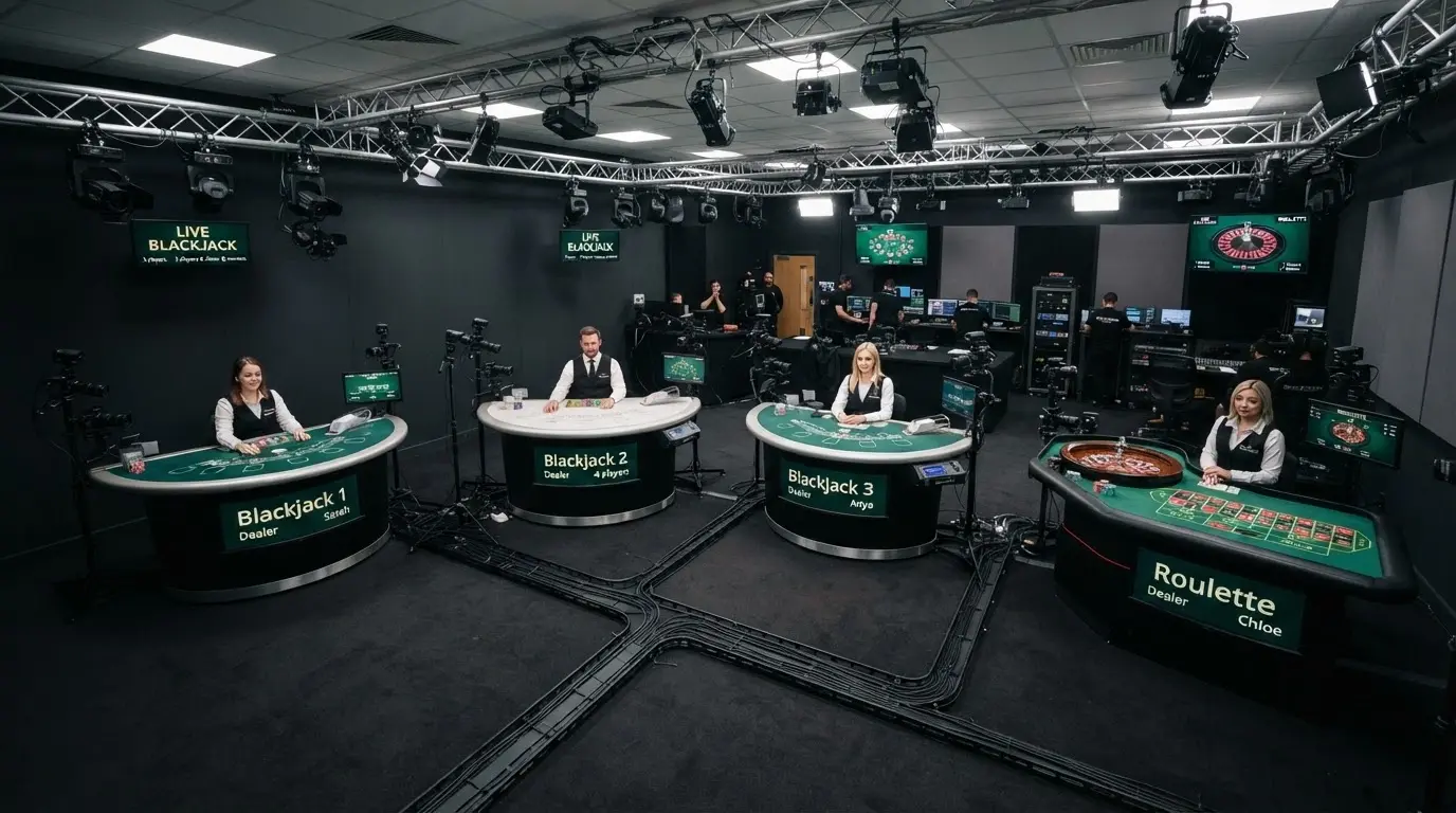 Multi-camera live casino studio with blackjack and roulette tables and production equipment