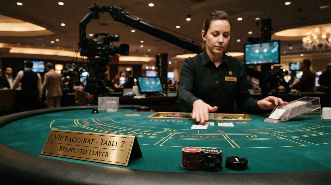 A live-dealer casino table from the player's perspective, with a VIP plaque on the felt and higher-denomination chips stacked beside the betting area