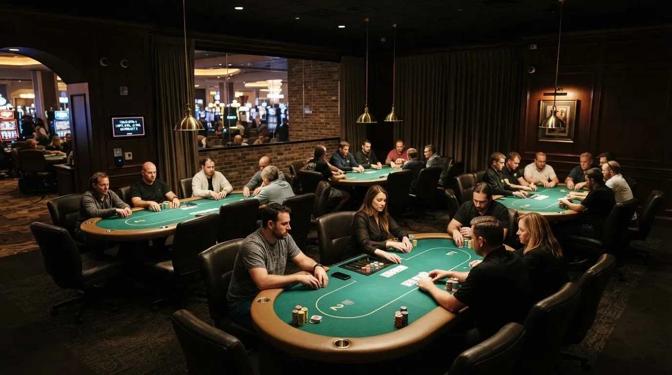 The Lotus Room interior at Casino Canberra with six poker tables, chips and tournament-style seating