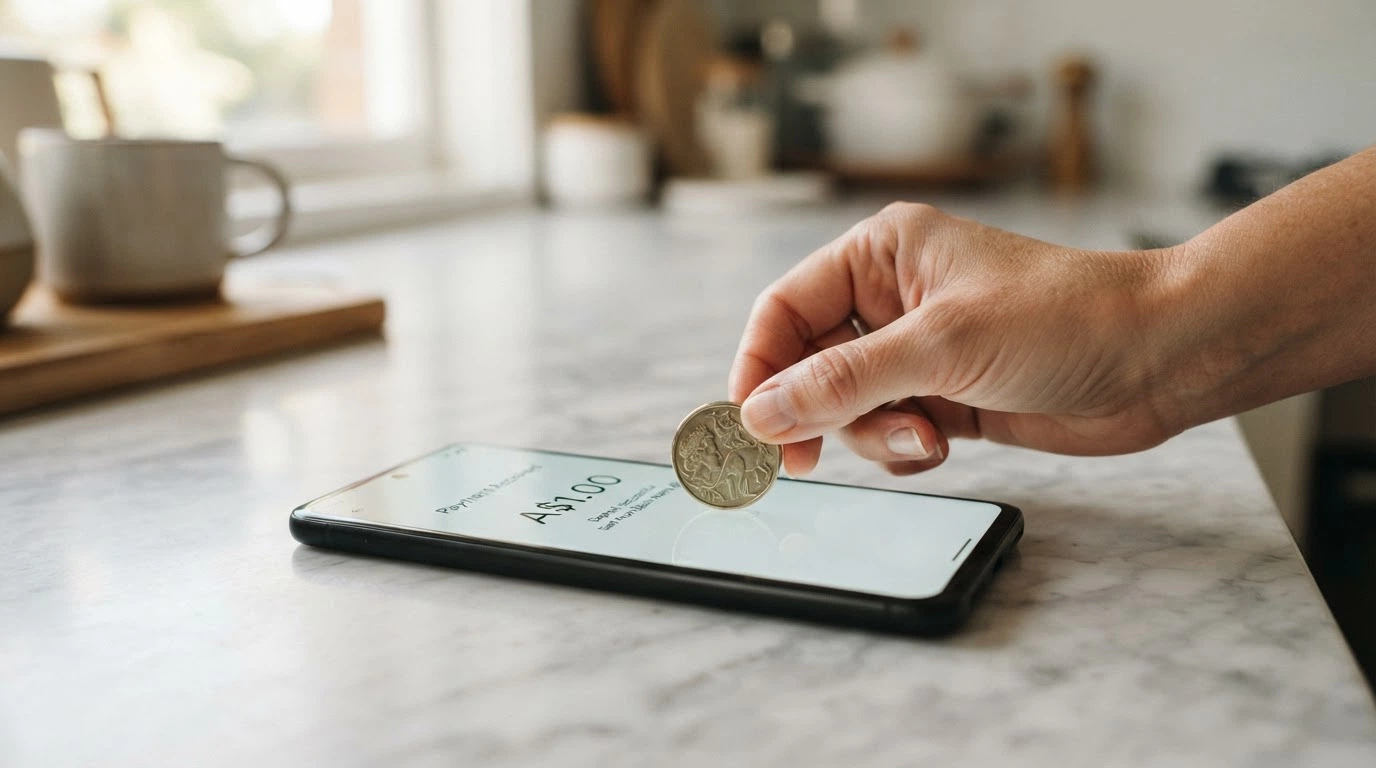 A hand placing a single dollar coin onto a digital payment screen showing a deposit-amount field set to A$1.00