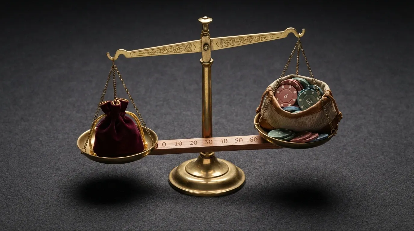 A balance scale graphic with a smaller bonus bag on the no-wager side and a larger bonus bag on the low-wager side, with a playthrough counter between them