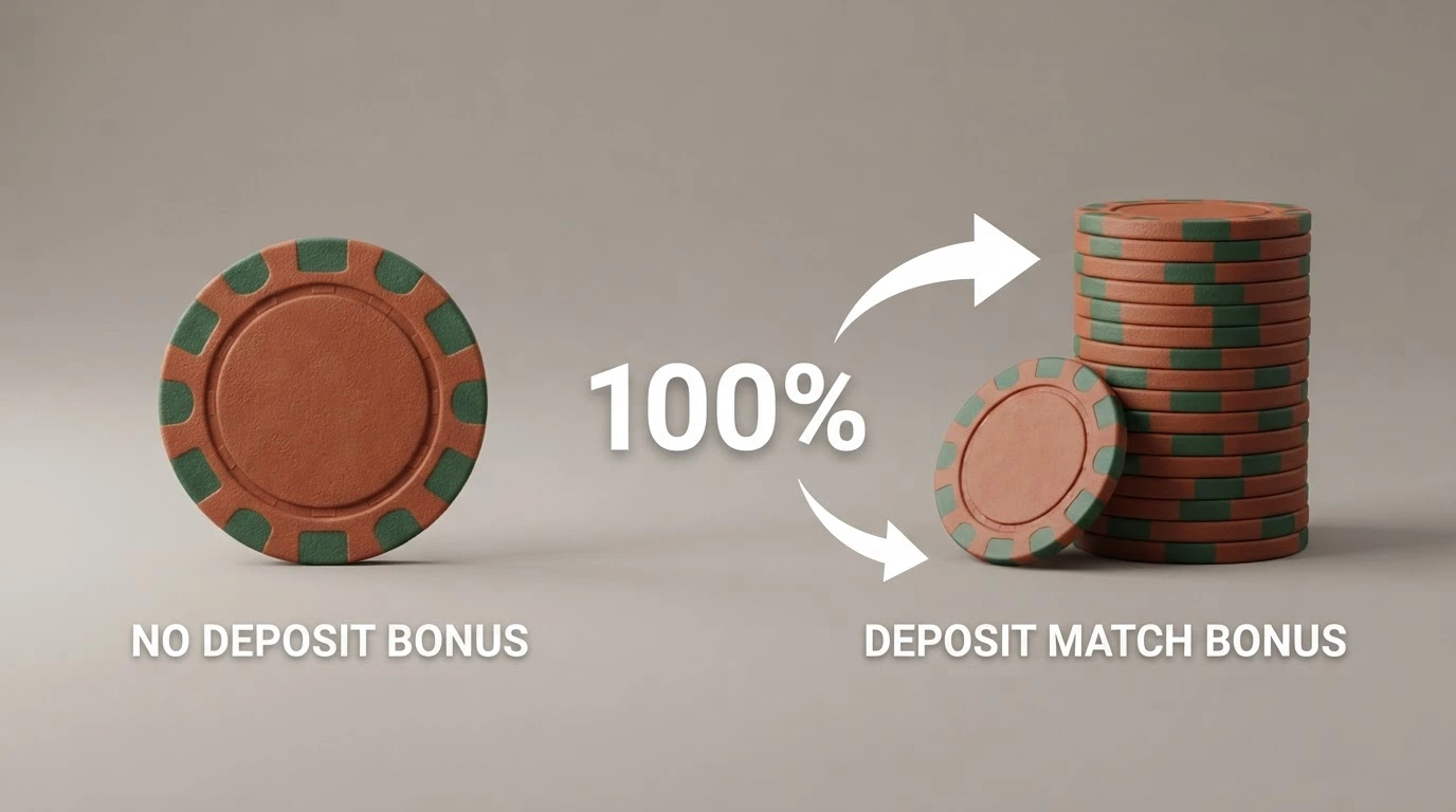 A graphic comparing a no-deposit bonus chip beside a percentage match bonus with deposit arrows