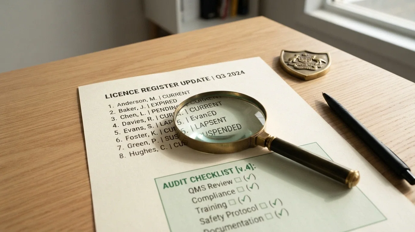 A checklist and a magnifying glass over a document labelled with operator names and licence-status markers