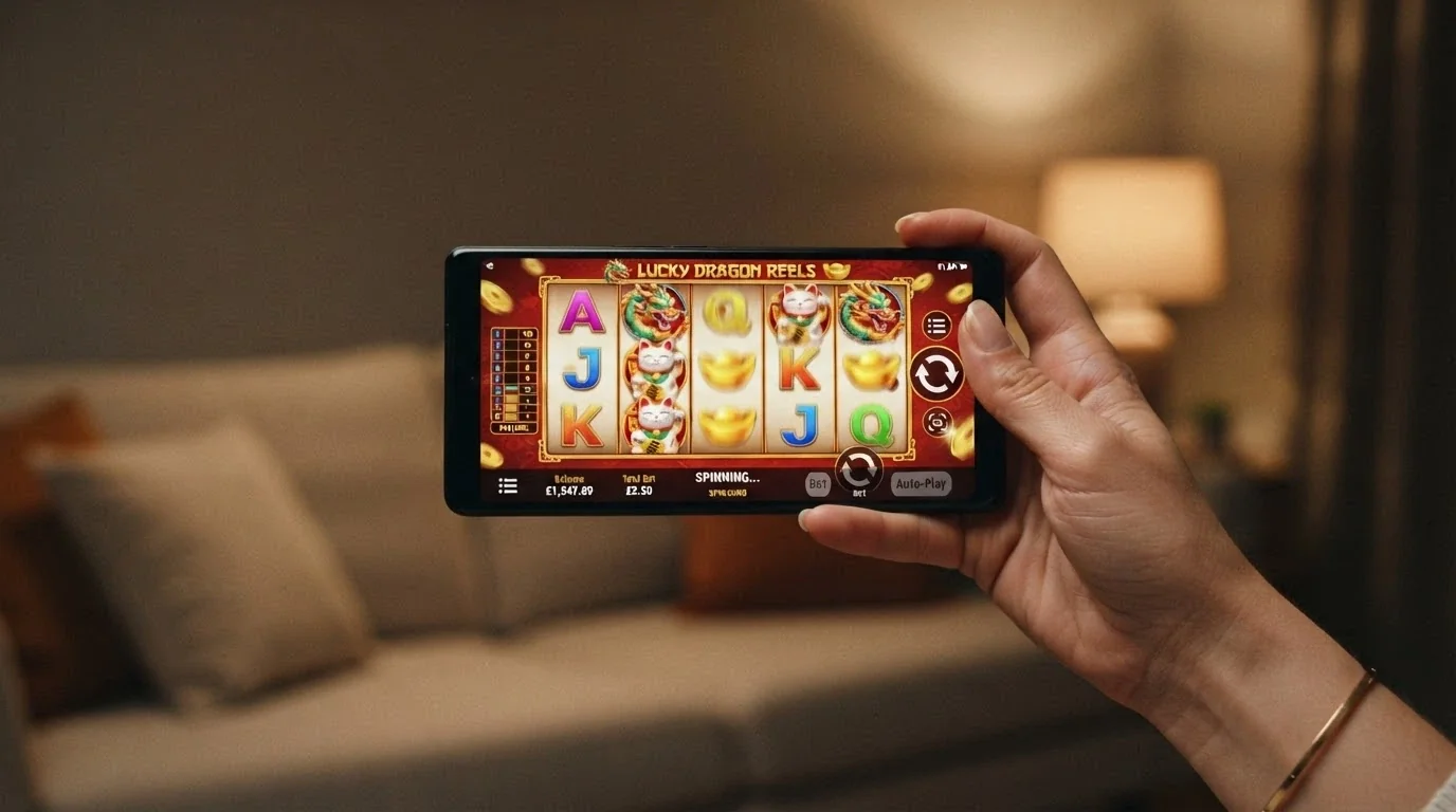 A hand holding a smartphone in landscape orientation with a pokies game spinning in the mobile browser