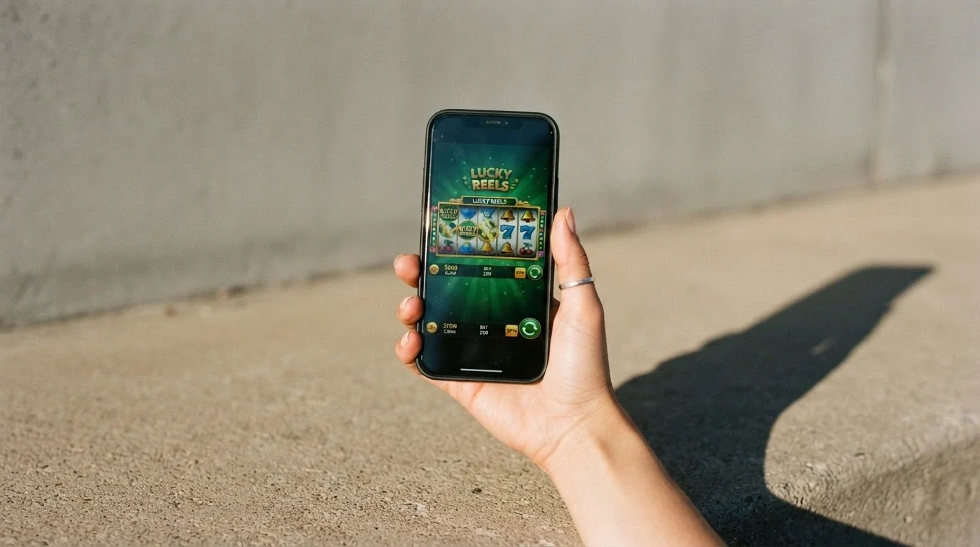 A hand holding a smartphone with a casino game on screen, the phone casting a long shadow across a surface with no safety-net pattern visible