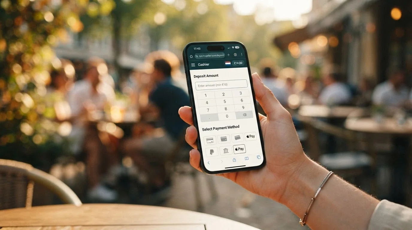 A hand holding a phone open to a casino site in a mobile browser