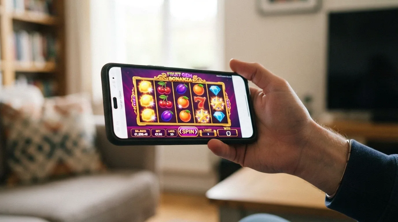A smartphone held horizontally showing a browser-based online pokie game running full-screen