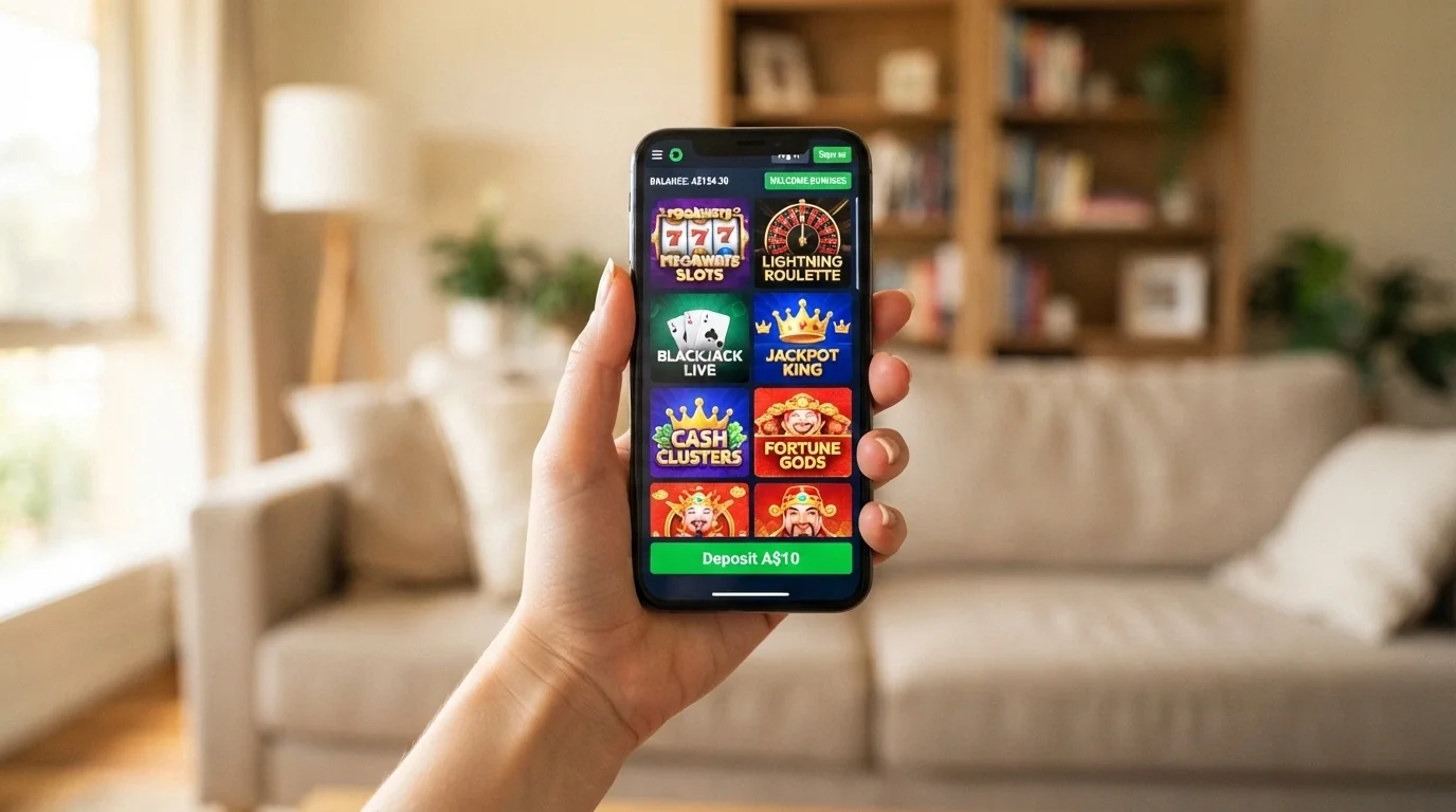 A hand holding a smartphone with a casino game grid open and a $10 deposit button highlighted on screen
