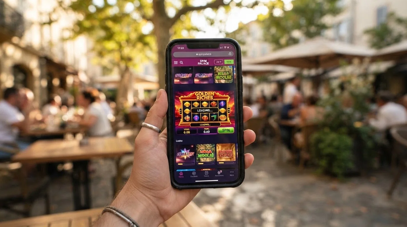 A hand holding a smartphone in portrait mode with a casino lobby and a pokies title loading on screen