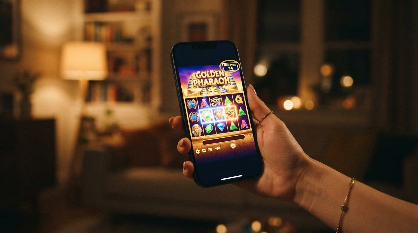 A hand holding a smartphone in portrait orientation displaying a casino pokies game with a free-spins counter visible in the top-right corner