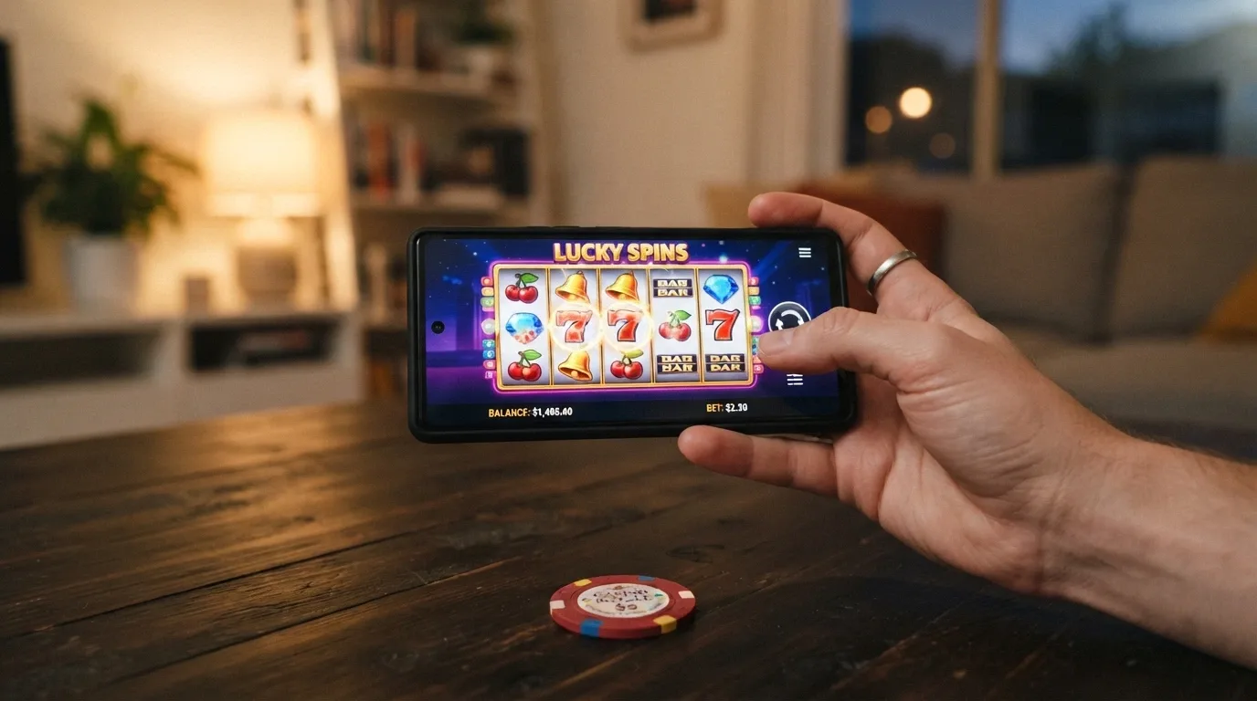 A hand holding a smartphone in landscape orientation, a pokies game spinning on screen, a five-dollar note visible on the table beneath