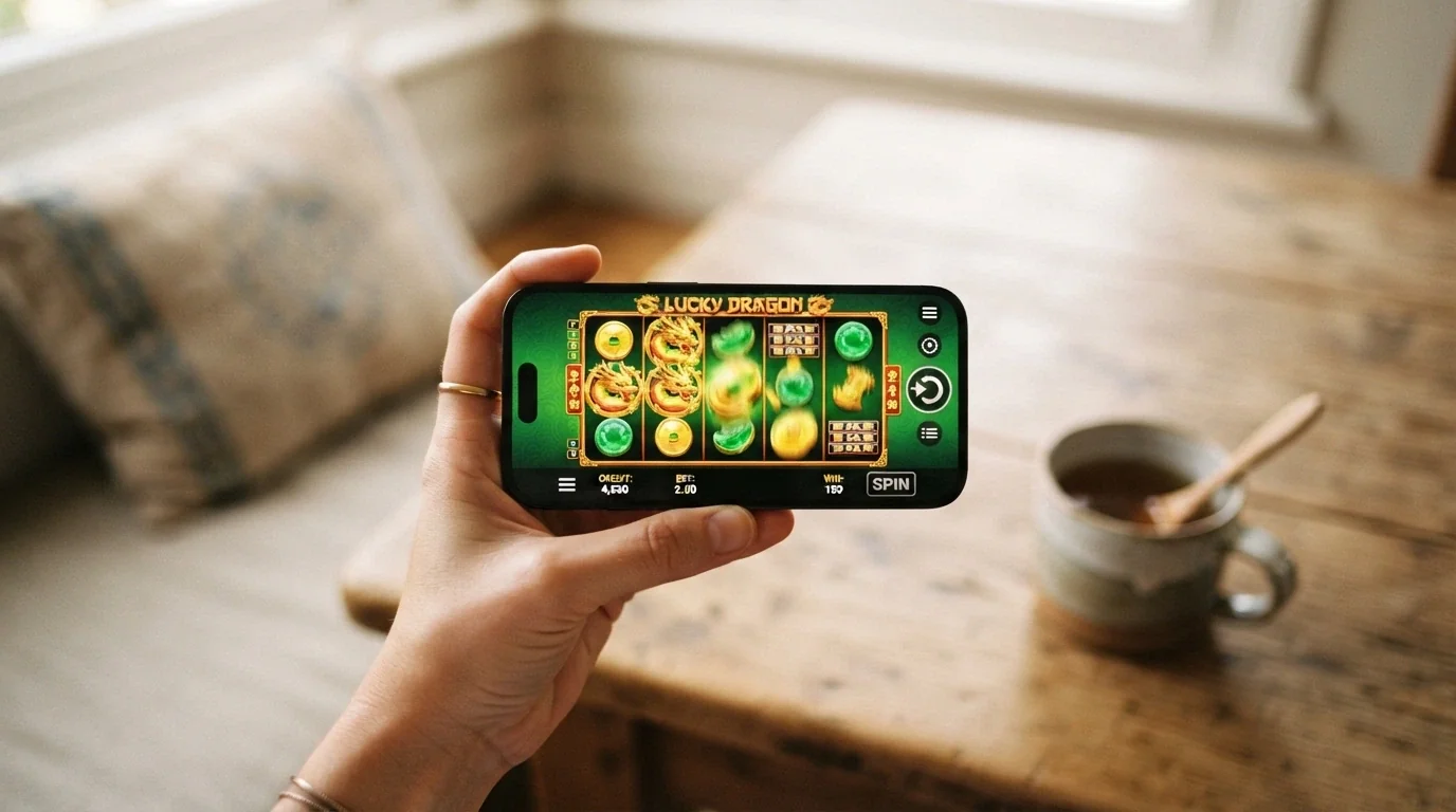 A hand holding a smartphone in landscape orientation with a pokie game visible on screen, casino lobby in the background