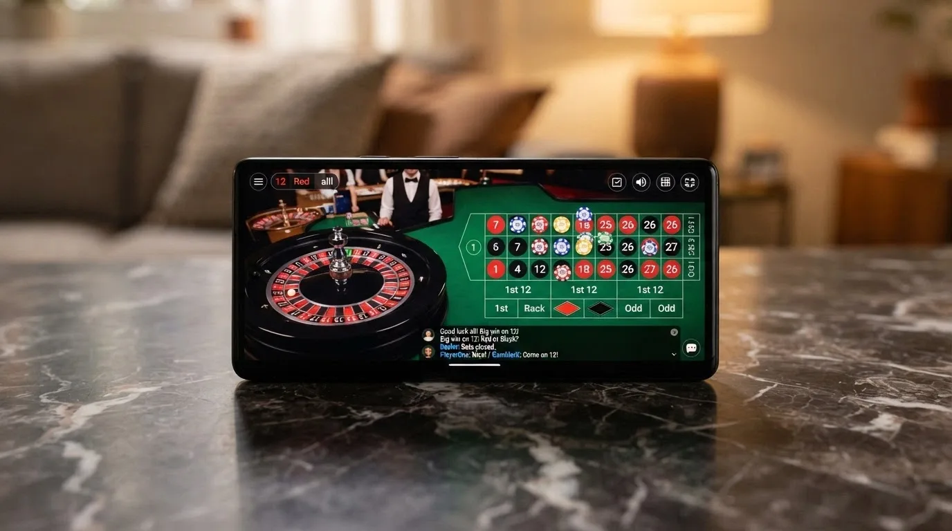 Smartphone in landscape orientation displaying a live roulette table with betting chips and a chat panel