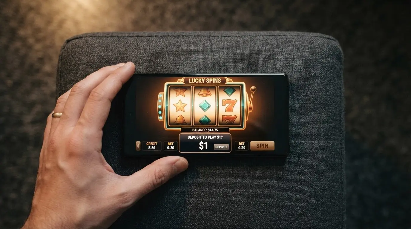 A hand holding a smartphone in landscape orientation with a pokies game loaded and a deposit prompt visible