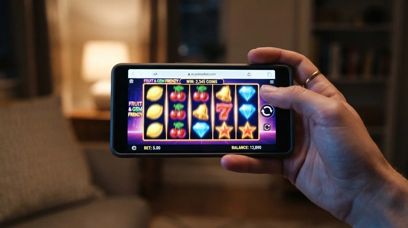 A hand holding a smartphone in landscape orientation displaying a five-reel pokies game, with the browser URL bar visible