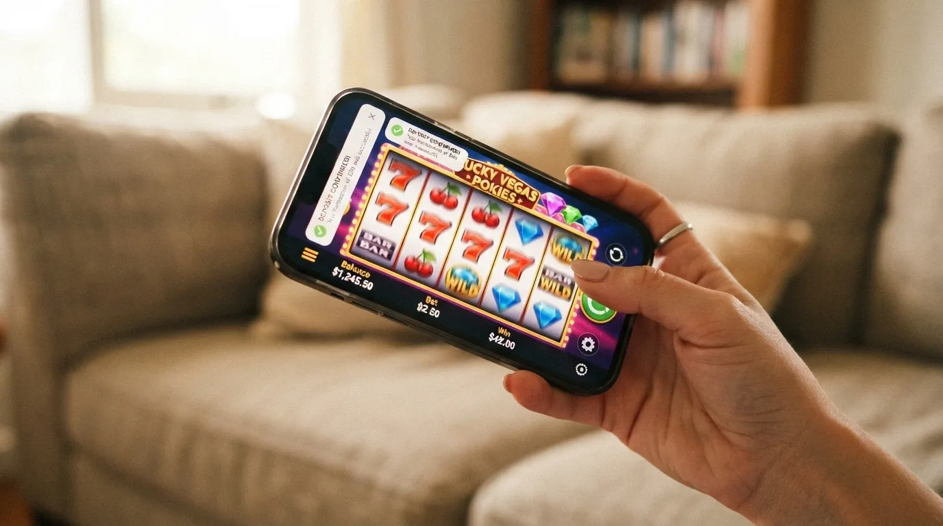 A hand holding a smartphone with a pokies game in landscape mode, a deposit confirmation notification overlaid
