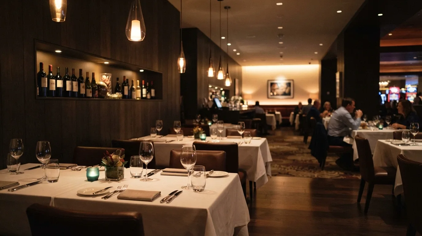 The interior dining room of Natural Nine restaurant inside Casino Canberra, with set tables and ambient lighting