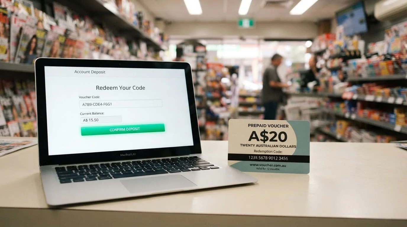 A Neosurf prepaid voucher on a newsagent counter with a $20 face value, next to a laptop showing a pokies deposit screen