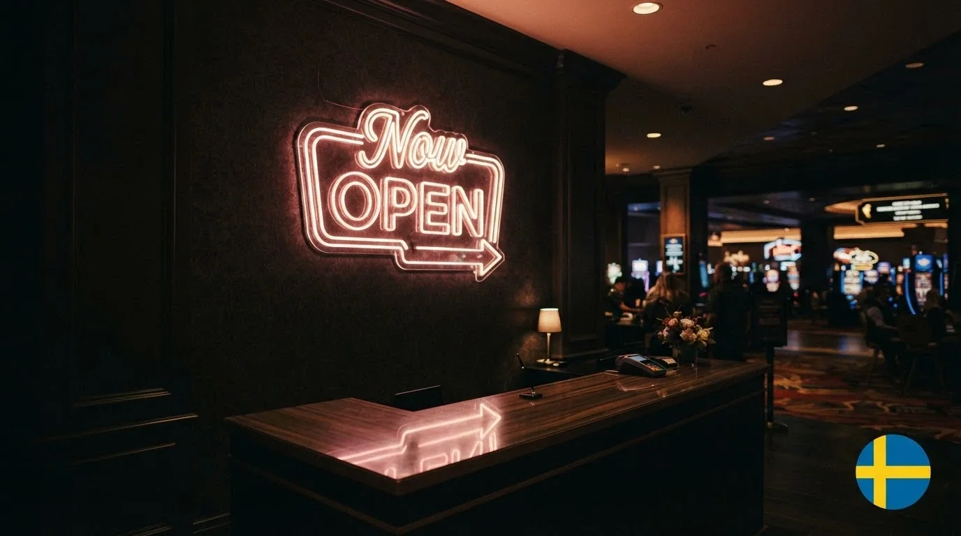 A stylised “Now Open” neon sign in a dark casino-themed setting, with a small Curaçao flag icon inset in the corner