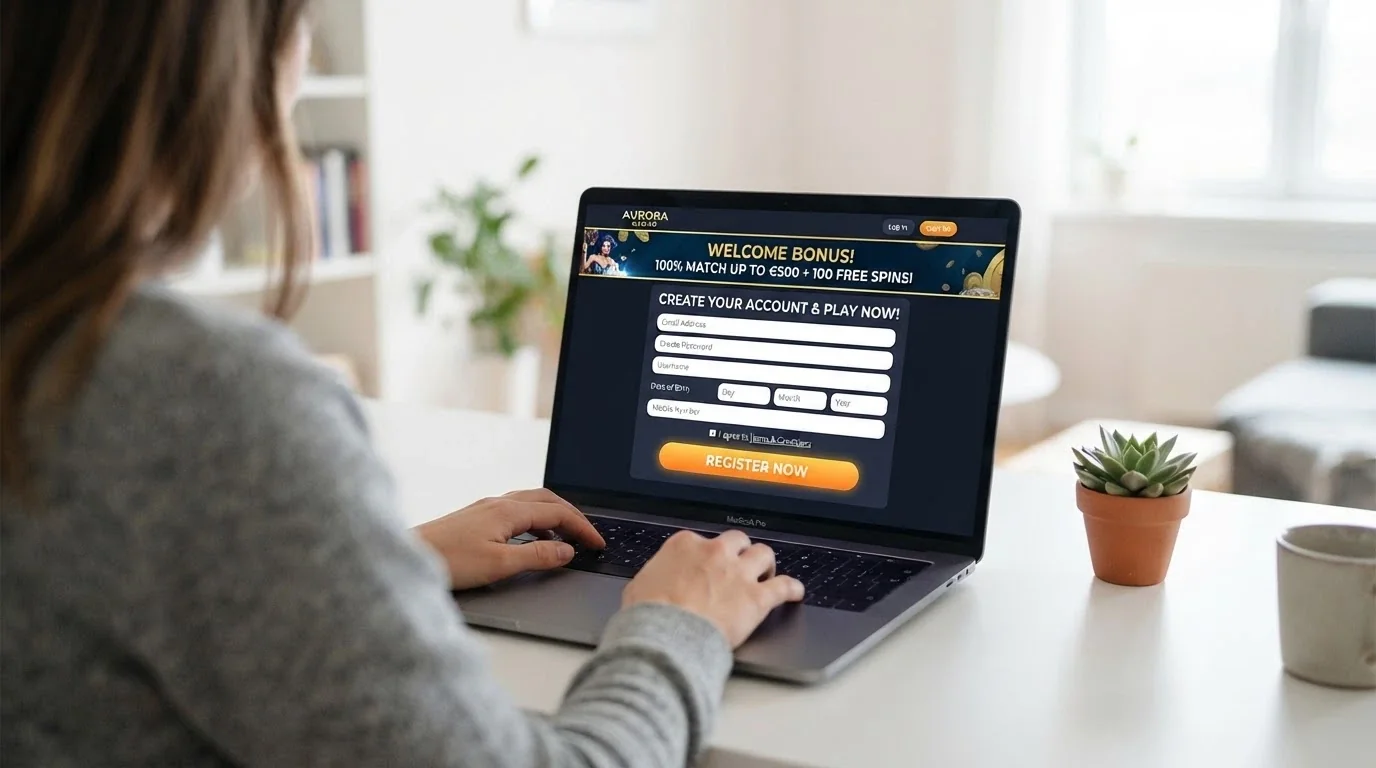 A fresh modern casino registration page with a prominent no-deposit bonus banner