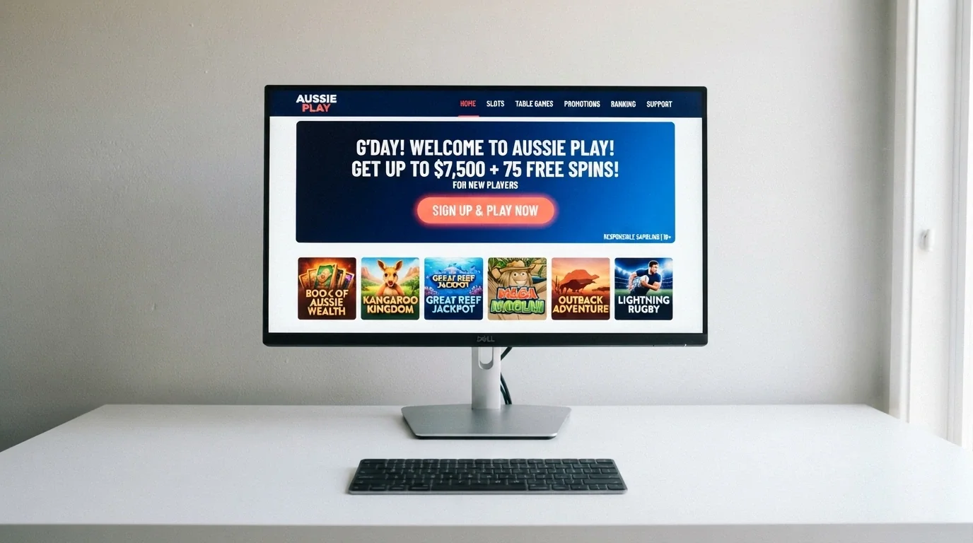A clean, modern casino homepage with a welcome-bonus banner and a sign-up button, uncluttered and recently launched