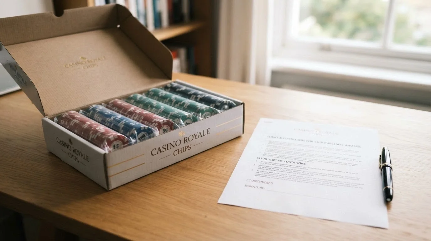A freshly unwrapped casino-chip box with the chips still in plastic, sitting on a desk next to an unsigned terms-and-conditions document