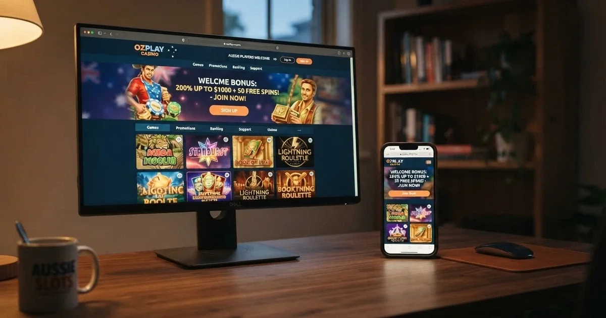 A desktop screen and a smartphone side by side, each showing the homepage of a different online casino with a sign-up button, game thumbnails and a bonus banner